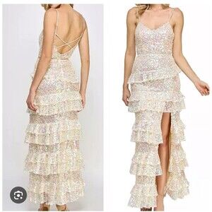 Prom Iridescent Sequined Spaghetti Strap Long Side Slit Ruffle Layered Dress 17